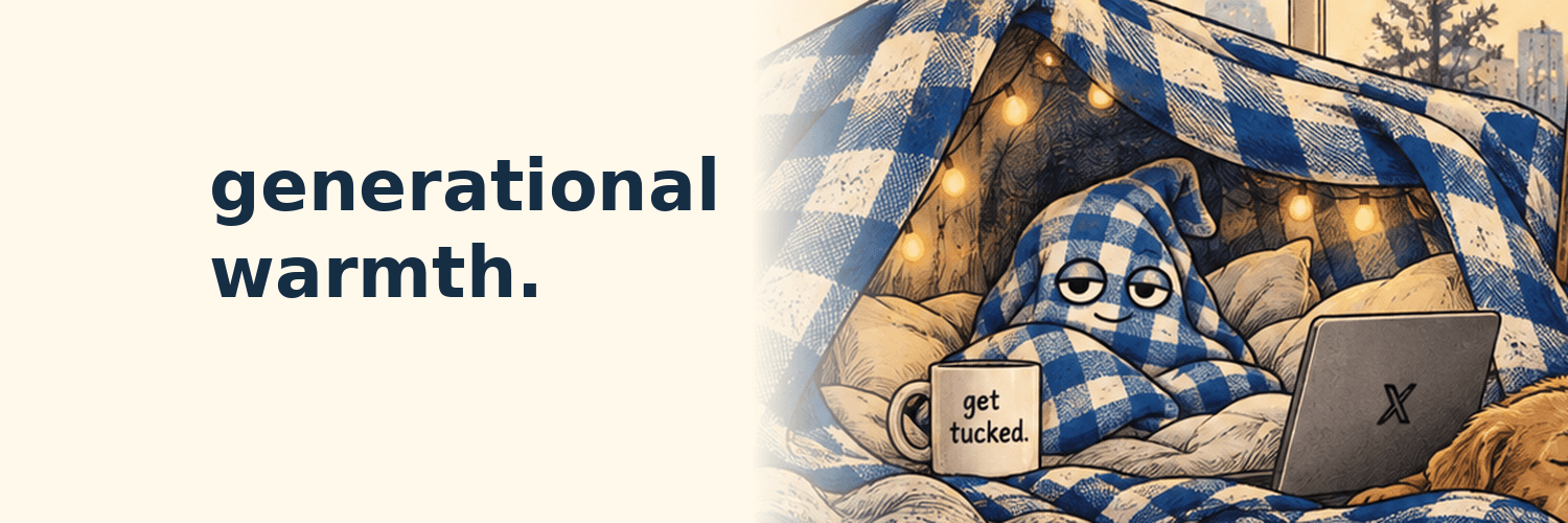 Generational warmth. The Blanket mascot tucked into a lamplit gingham fort with pillows, a mug, and a laptop.